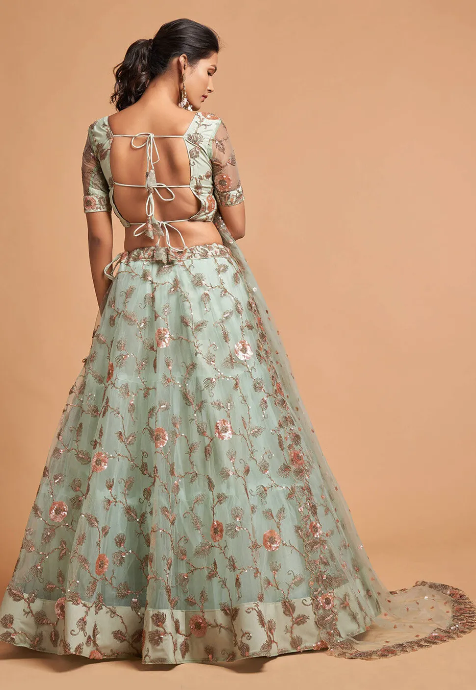 Embroidered Net Lehenga in Sea Green