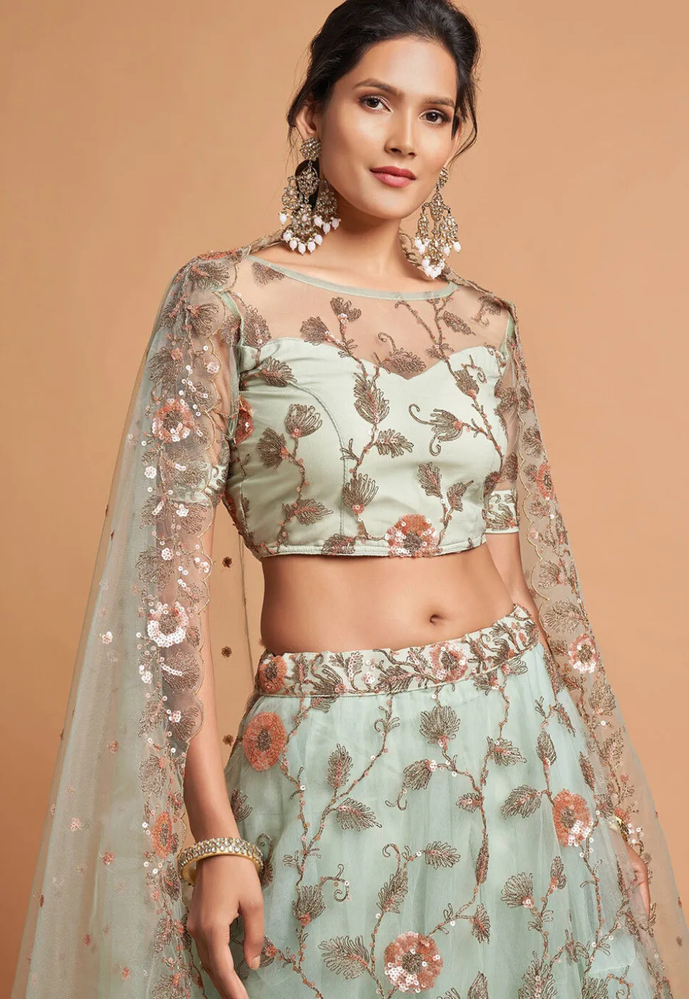Embroidered Net Lehenga in Sea Green