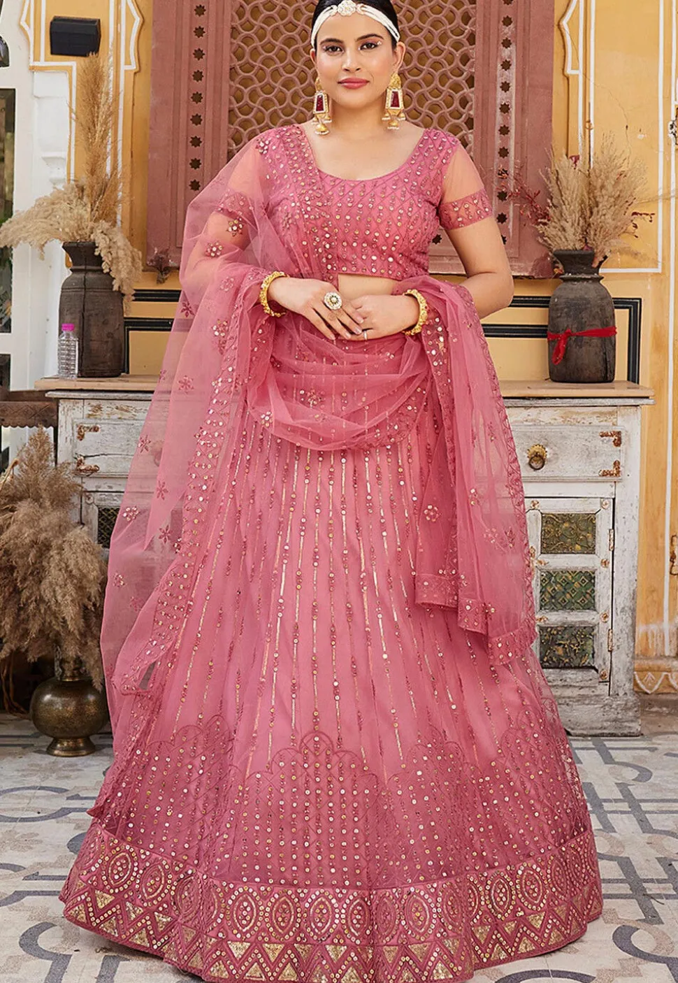 Embroidered Net Lehenga in Pink