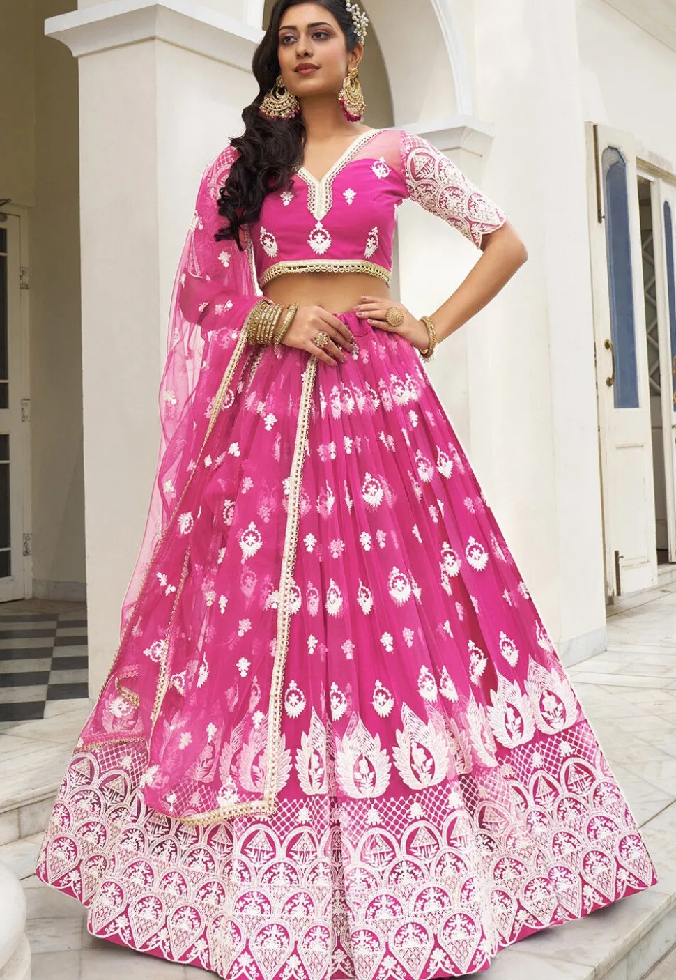 Embroidered Net Lehenga in Magenta