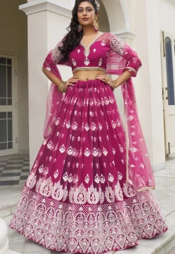 Embroidered Net Lehenga in Magenta