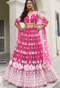 Embroidered Net Lehenga in Magenta