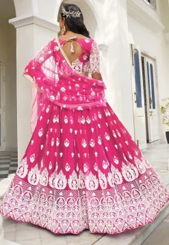Embroidered Net Lehenga in Magenta