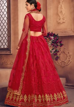 Embroidered Net Lehenga in Red