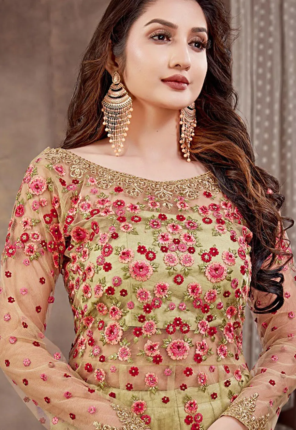 Embroidered Net Lehenga in Yellow
