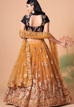 Embroidered Net Lehenga in Yellow