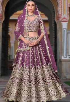 Embroidered Net Lehenga in Purple