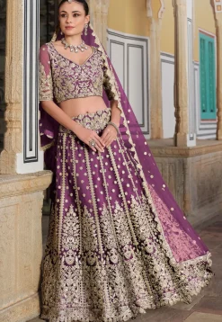 Embroidered Net Lehenga in Purple