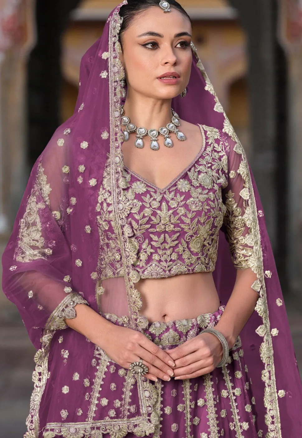 Embroidered Net Lehenga in Purple