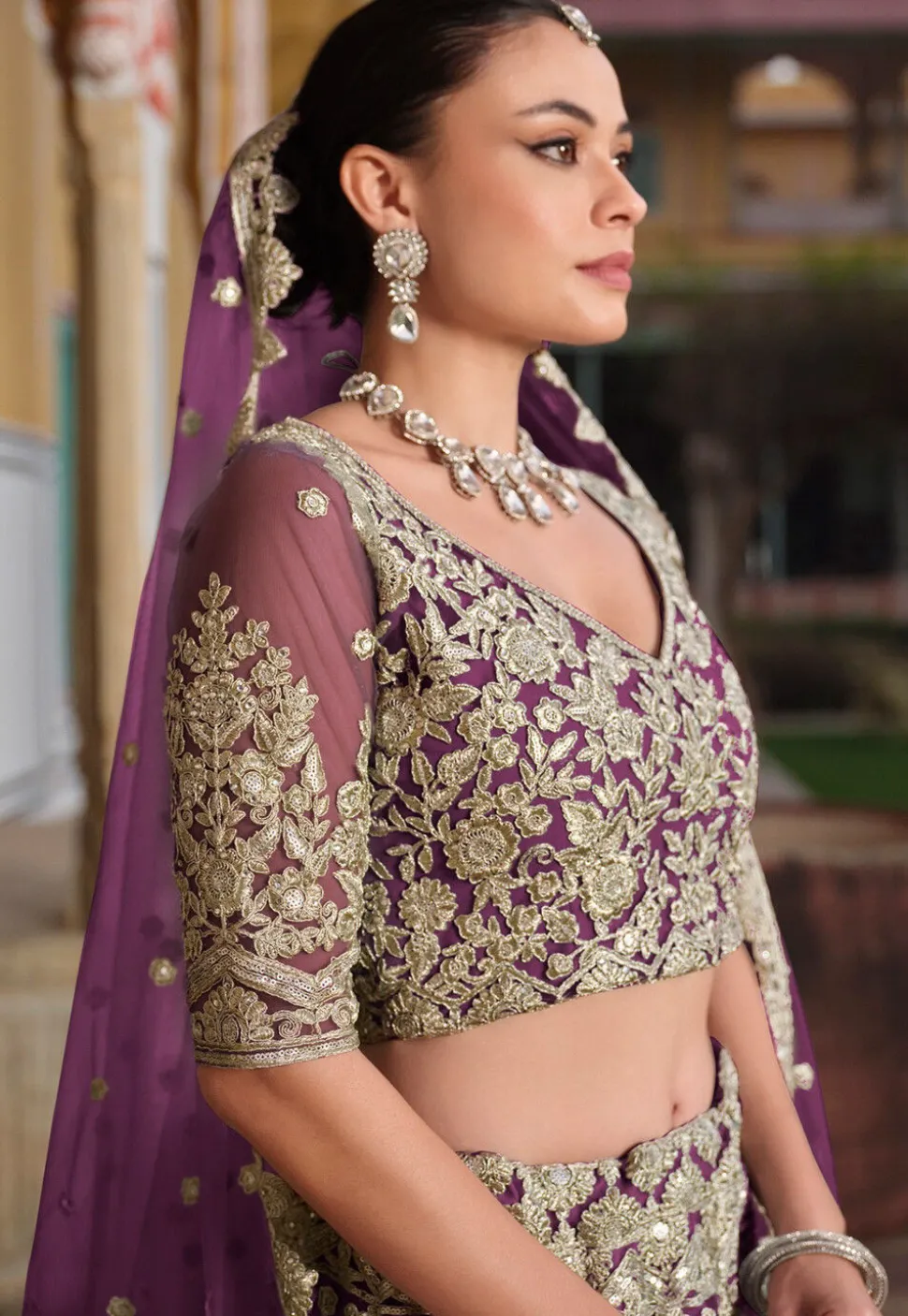Embroidered Net Lehenga in Purple