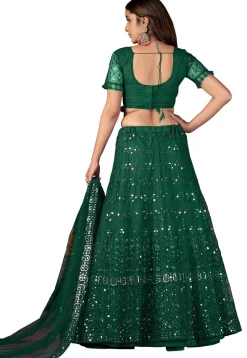 Embroidered Net Lehenga in Dark Green