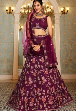 Embroidered Net Lehenga in Wine