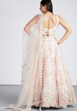 Embroidered Net Lehenga in Off White