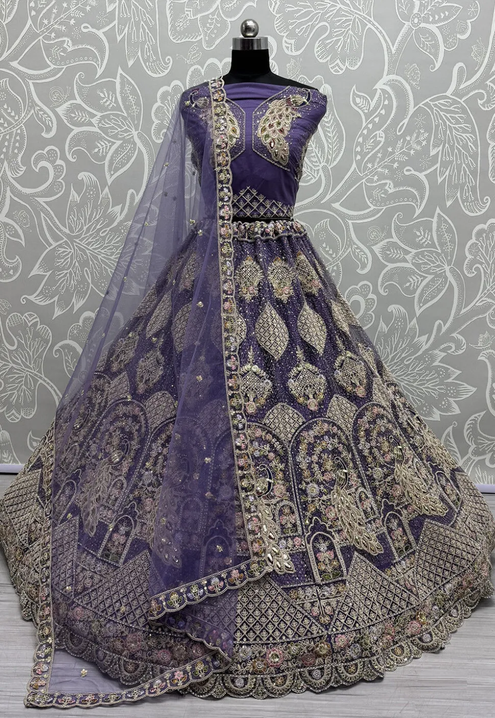 Embroidered Net Lehenga in Purple