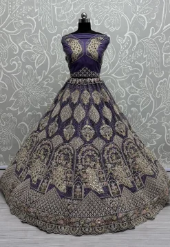 Embroidered Net Lehenga in Purple