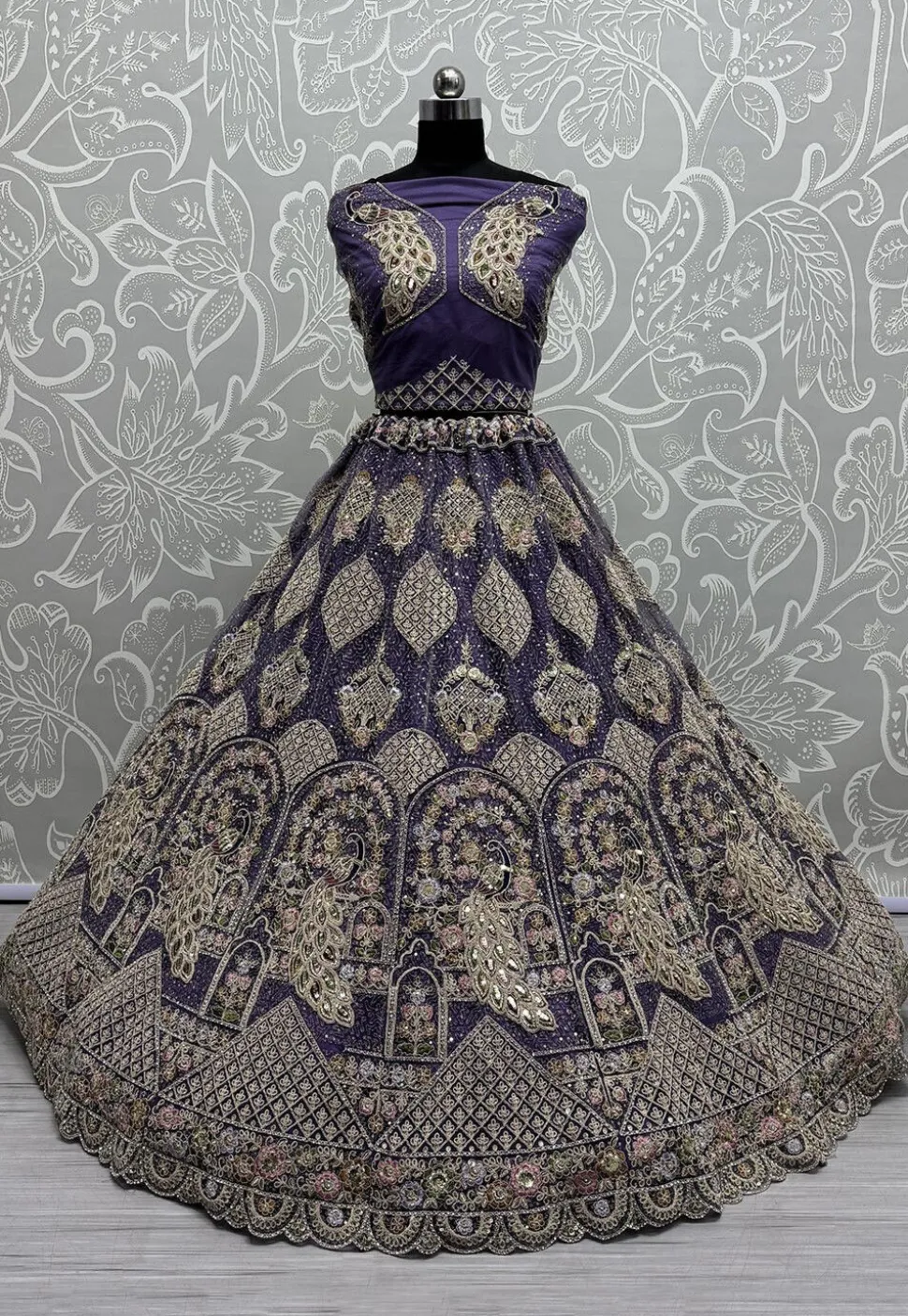 Embroidered Net Lehenga in Purple
