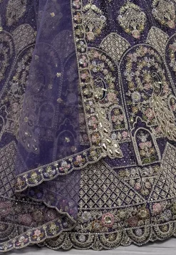 Embroidered Net Lehenga in Purple