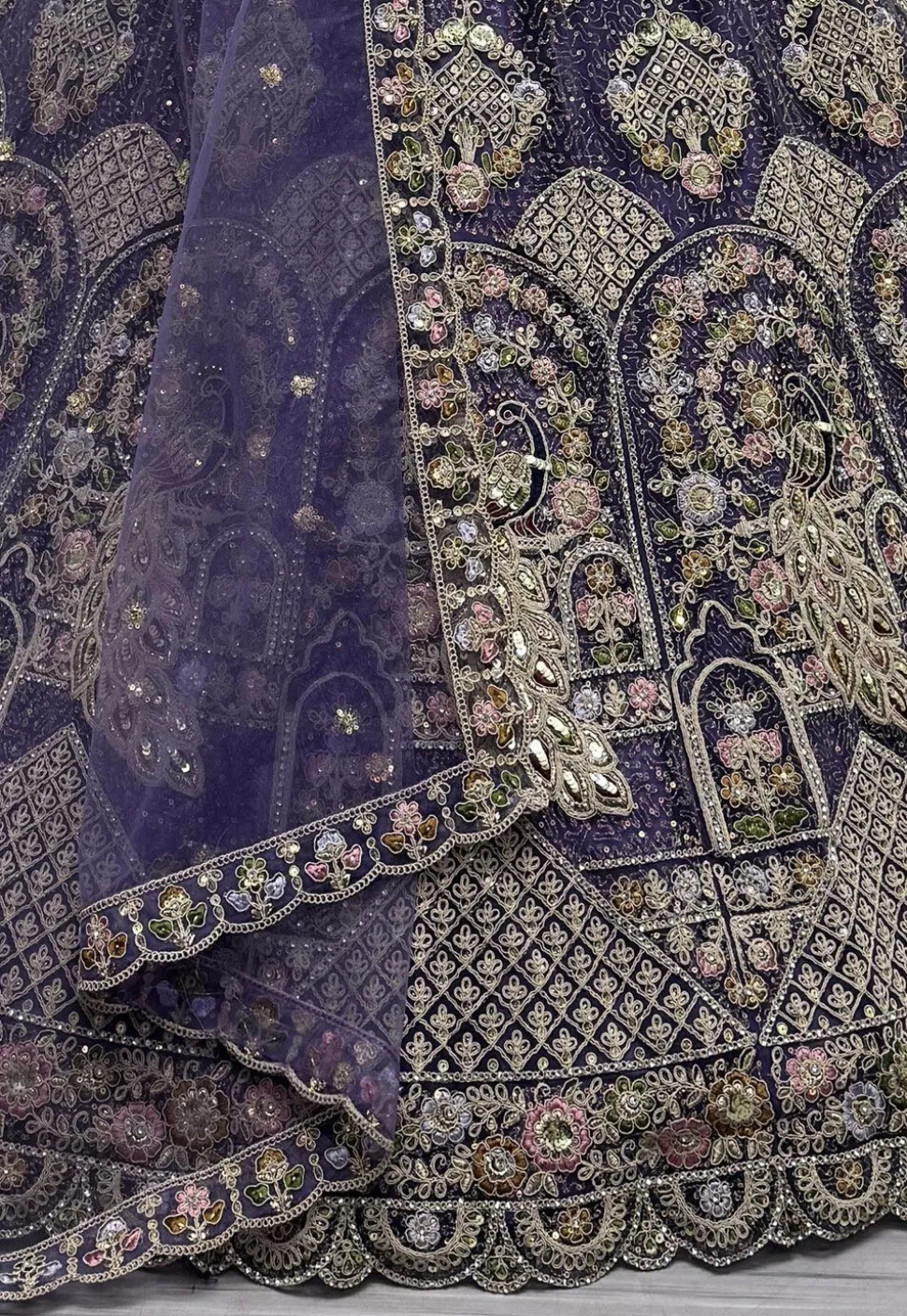 Embroidered Net Lehenga in Purple