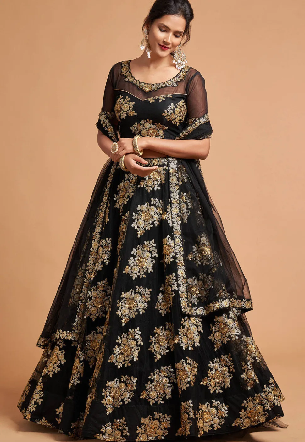Embroidered Net Lehenga in Black