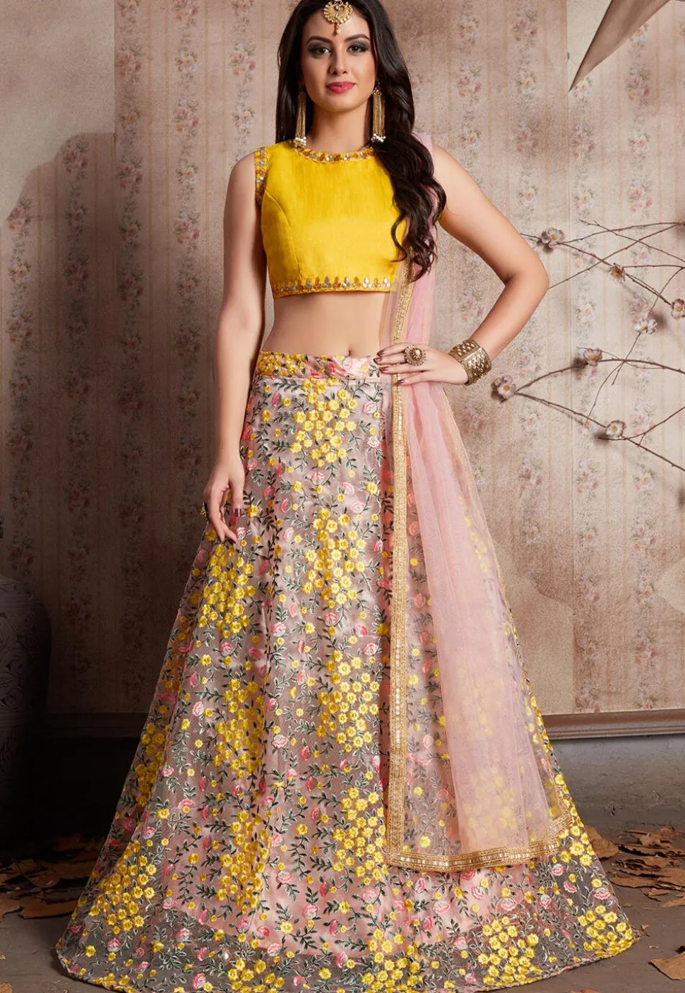 Embroidered Net Lehenga in Light Pink