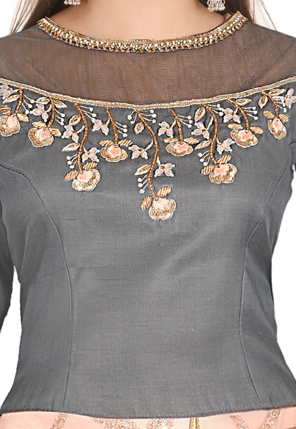 Embroidered Net Lehenga in Peach