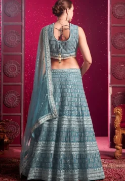 Embroidered Net Lehenga in Blue