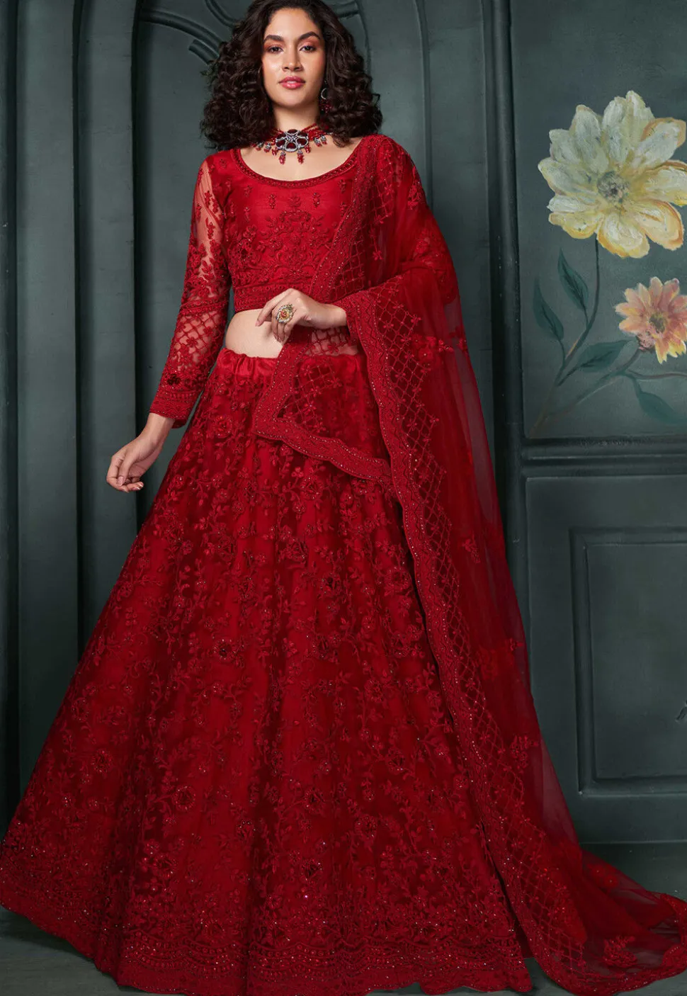 Embroidered Net Lehenga in Red