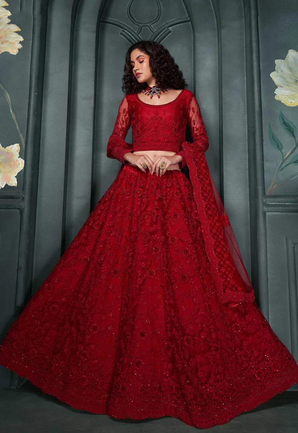 Embroidered Net Lehenga in Red