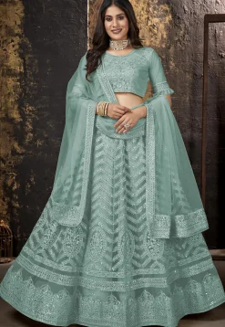 Embroidered Net Lehenga in Sea Green