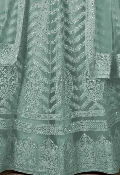 Embroidered Net Lehenga in Sea Green