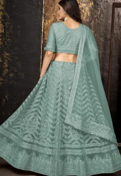 Embroidered Net Lehenga in Sea Green