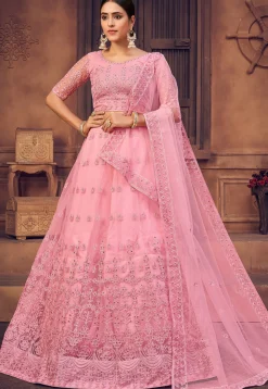 Embroidered Net Lehenga in Light Pink