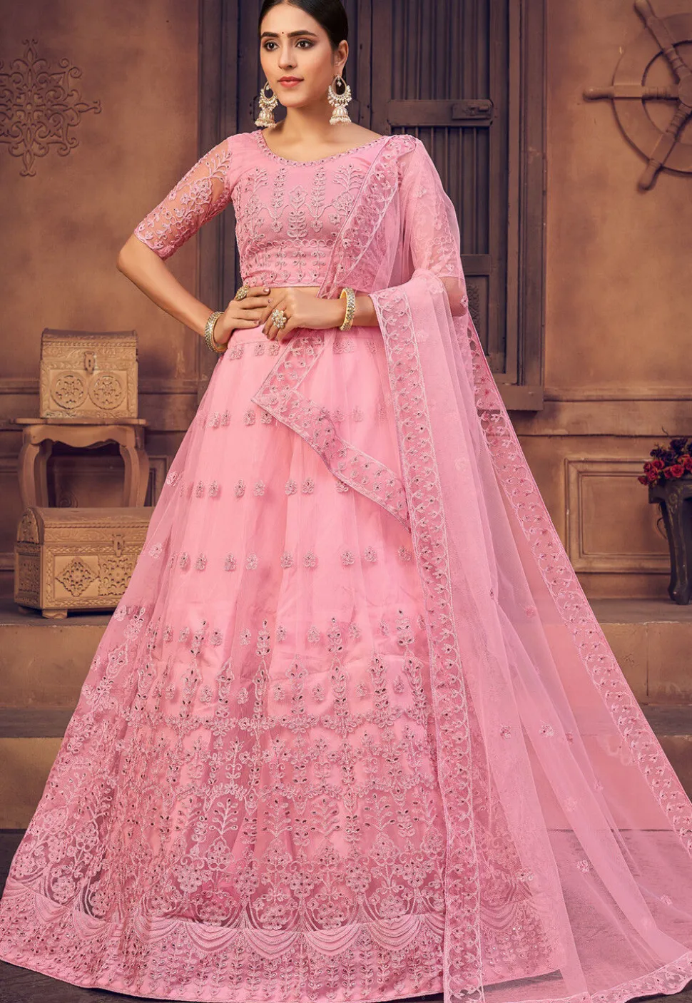 Embroidered Net Lehenga in Light Pink