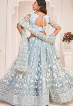 Embroidered Net Lehenga in Sky Blue