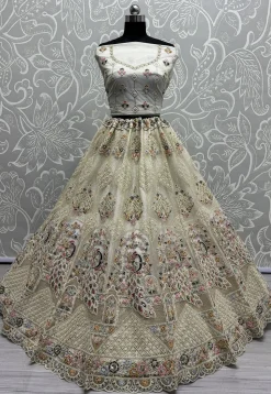 Embroidered Net Lehenga in Off White