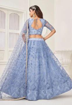 Embroidered Net Lehenga in Blue