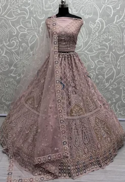 Embroidered Net Lehenga in Old Rose