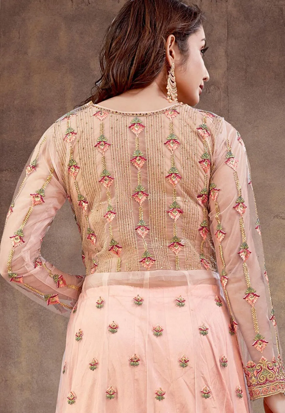 Embroidered Net Lehenga in Peach