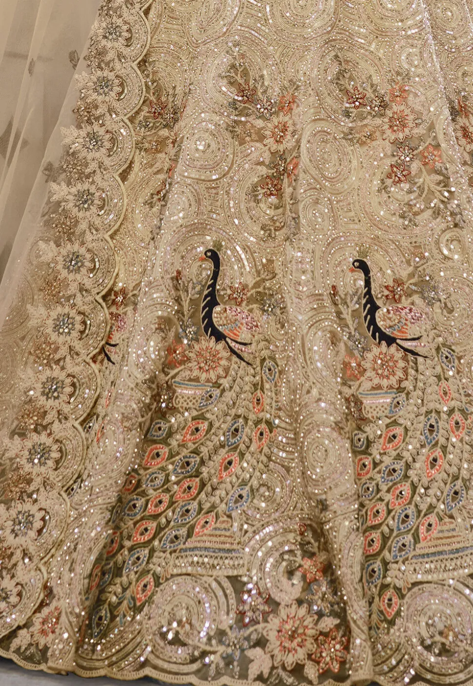 Embroidered Net Lehenga in Beige