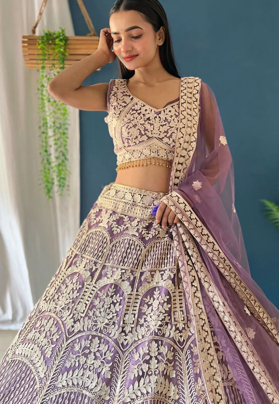 Embroidered Net Lehenga in Purple