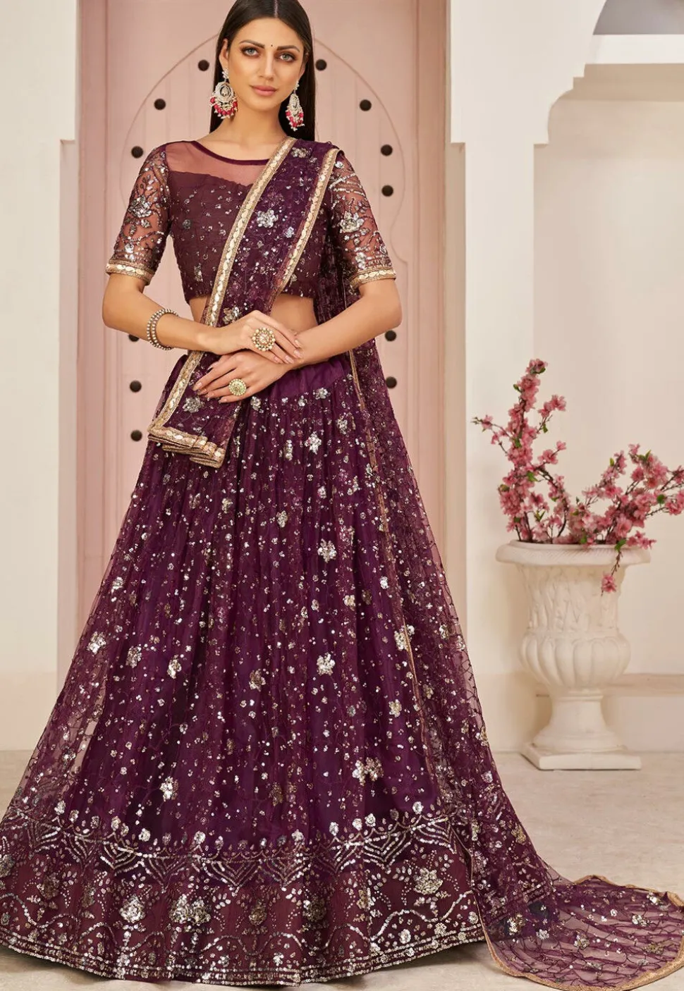 Embroidered Net Lehenga in Wine
