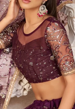 Embroidered Net Lehenga in Wine