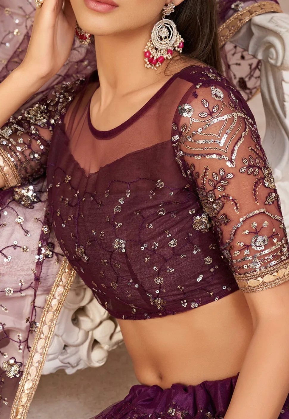 Embroidered Net Lehenga in Wine
