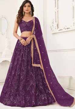 Embroidered Net Lehenga in Wine