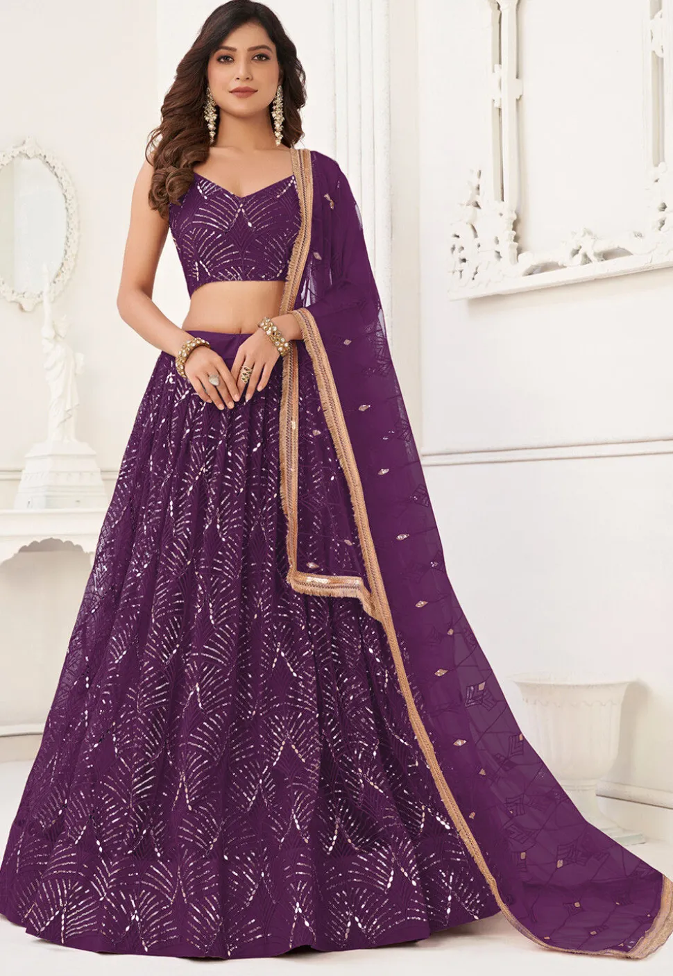 Embroidered Net Lehenga in Wine