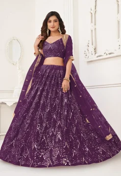 Embroidered Net Lehenga in Wine