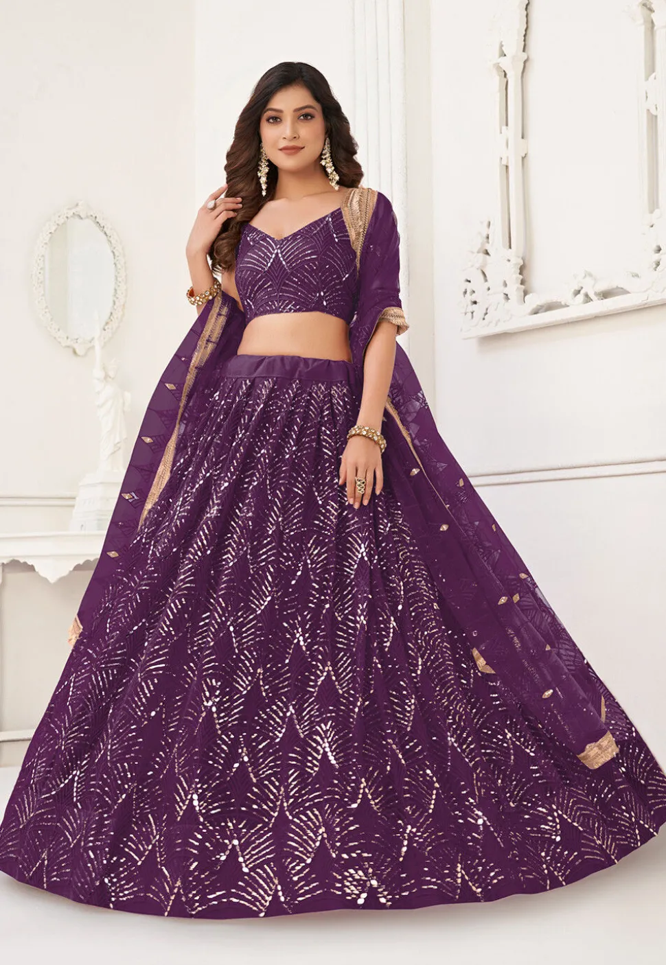 Embroidered Net Lehenga in Wine