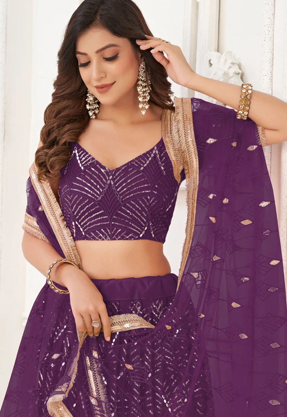 Embroidered Net Lehenga in Wine
