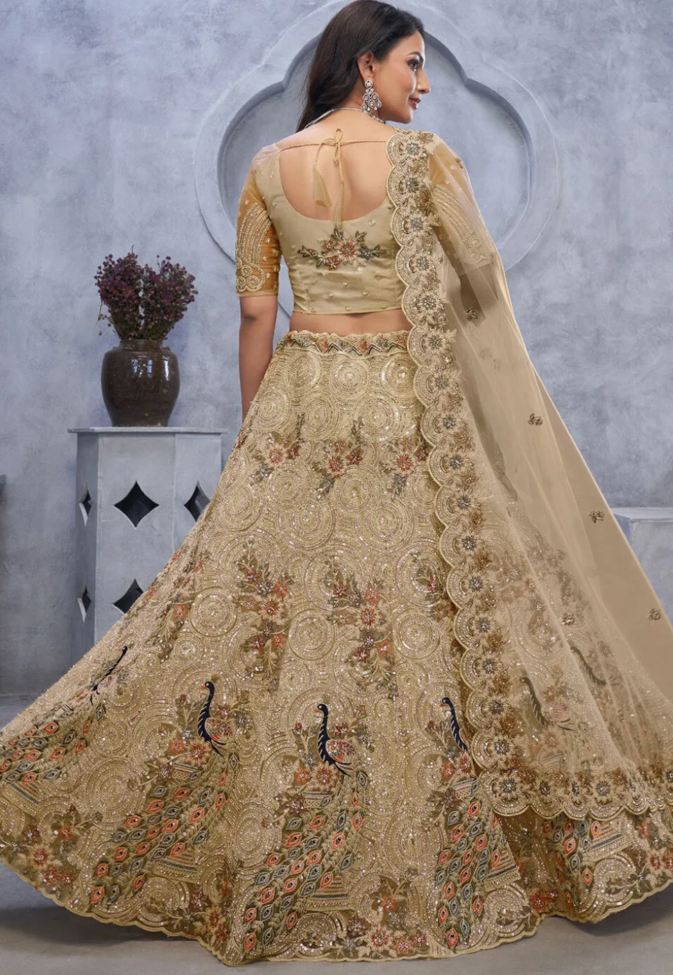 Embroidered Net Lehenga in Beige