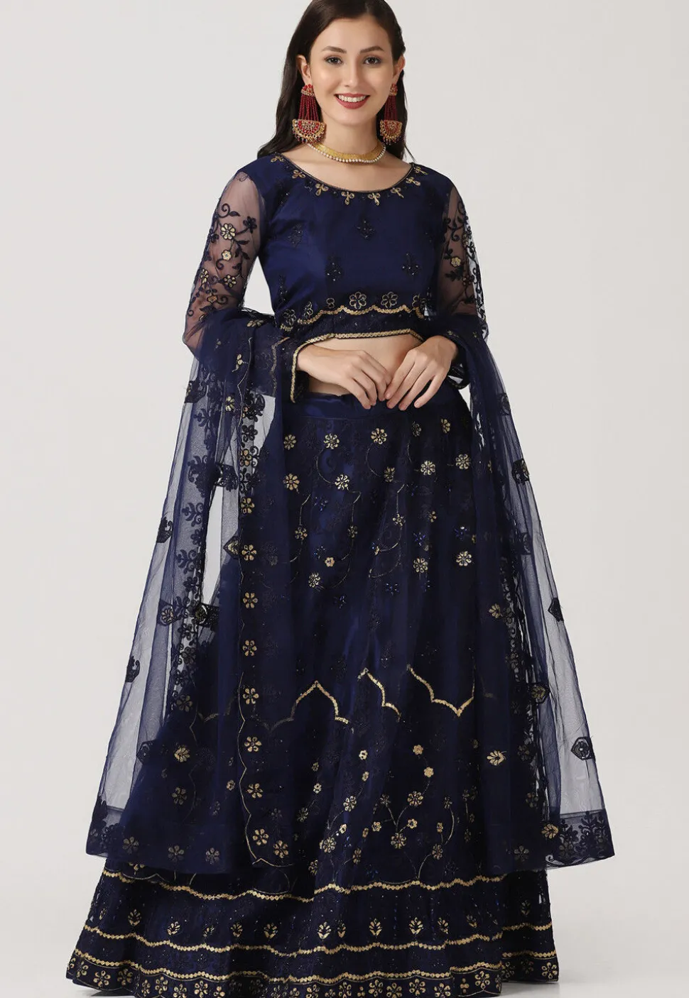 Embroidered Net Lehenga in Navy Blue